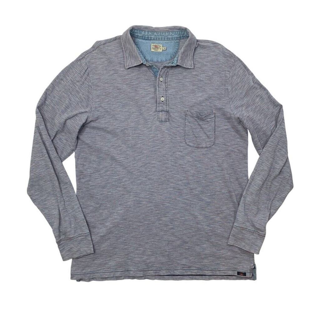 Faherty Polo Shirt Mens Large Faded Blue Red Space Dye Chest Pocket Long Sleeve